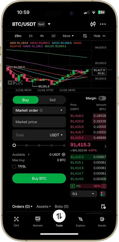 交易信息，一屏掌握对应的 OKX 应用界面